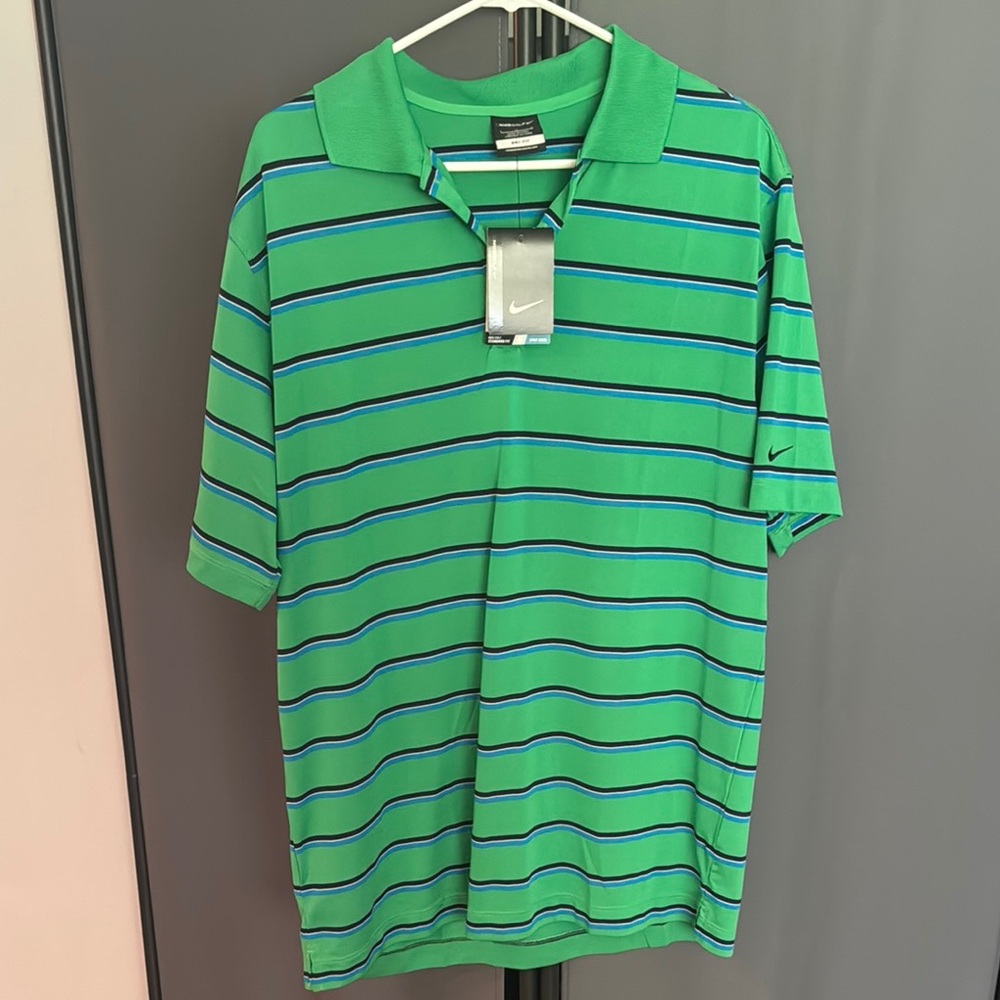 NWT Nike Green and Blue Striped Dri-Fit Golf Polo - Size Large